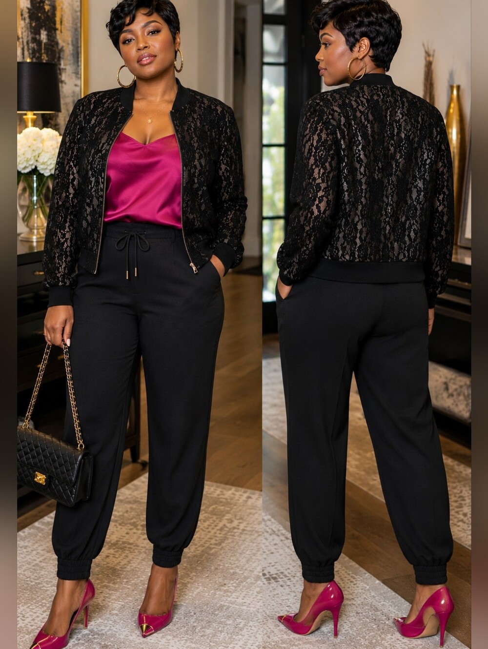 Andrée Black Floral Lace Bomber Jacket | Size M